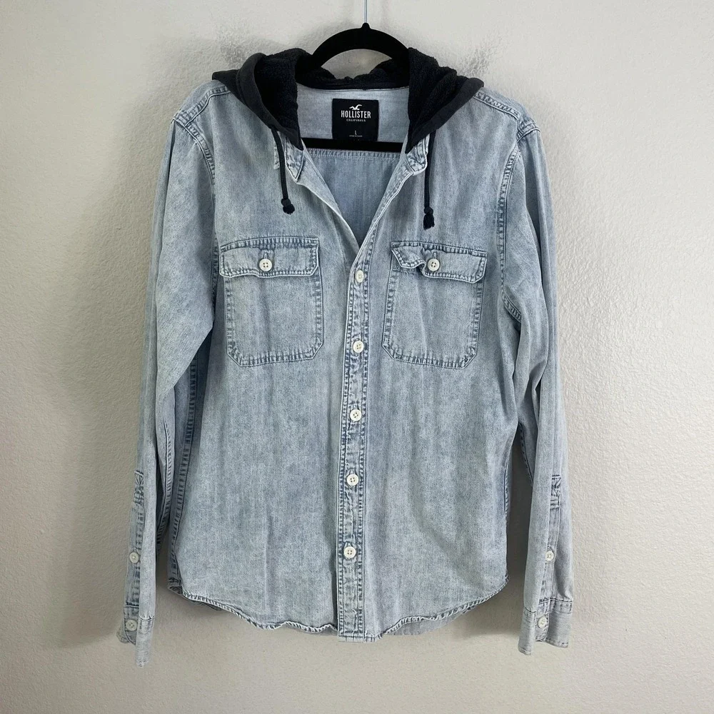 Hollister Shirt Mens Large Blue Denim‎ Hooded Long Sleeve Button Up Shacket